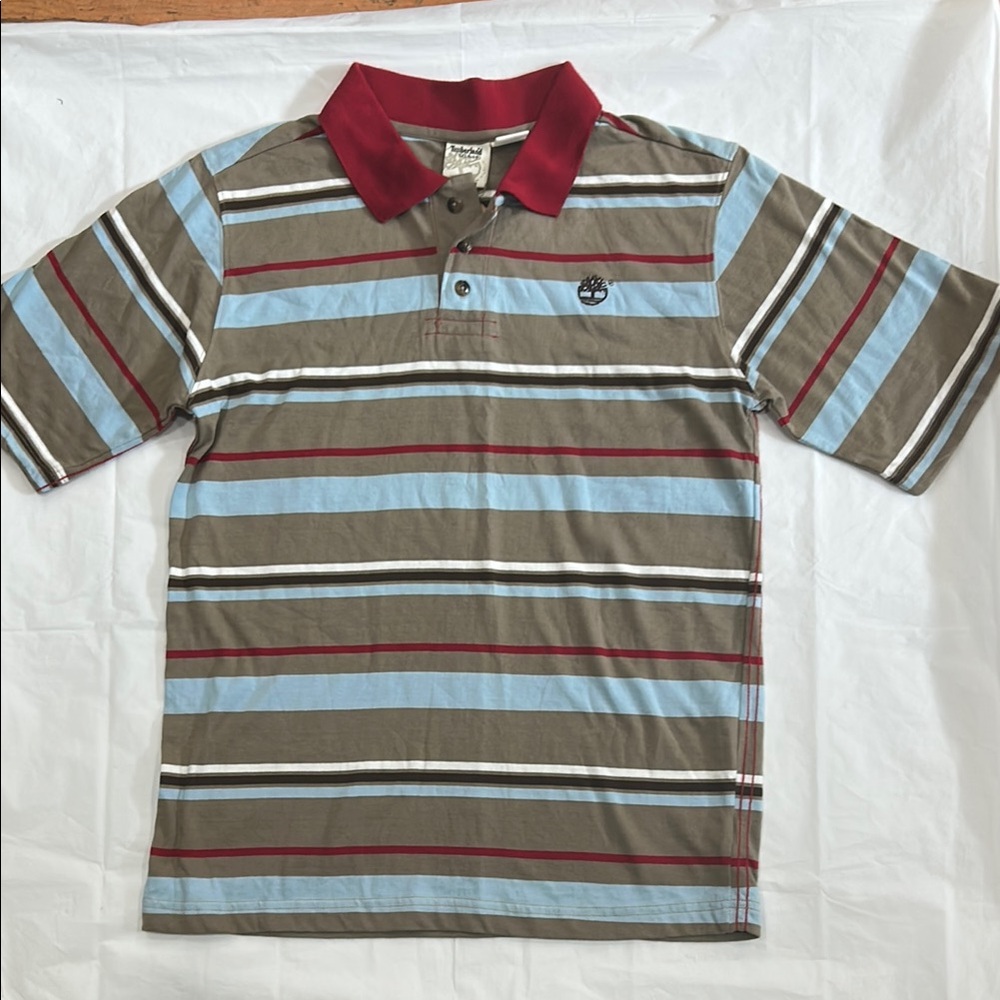 Timberland Kids Polo with Red, Blue, and Brown Stripes